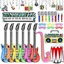 32Pcs Inflatable Instruments Accessories Set,Neon Inflatable Party Prop Inflatable Guitar Microphones Piano Drum Boom Box Saxophone Hanging Swirls,Inflatable Rock Star Toy 80s for Party Kids Adults