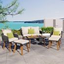 6 Pieces Outdoor Patio Furniture Outdoor Chairs with Acacia Wood Cool Bar Table Ice Bucket Deep Seating Two Stools