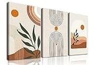 Boho Wall Art Set of 3, MidCentury Modern Wall Prints Framed Canvas Paintings Minimalist Abstract Geometric Beige Orange Moon Plant Desert Nature Illustrations Artwork, Boho Wall Decor Ready To Hang