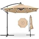 Best Choice Products 10ft Solar LED Offset Hanging Market Patio Umbrella for Backyard, Poolside, Lawn and Garden w/Easy Tilt Adjustment, Polyester Shade, 8 Ribs - Sand