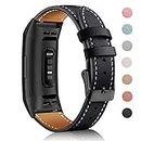 Mornex Strap Compatible with Fitbit Charge 3 Strap/Charge 3 SE/Charge 4 Leather Band, Classic Adjustable Replacement Wristband Fitness Accessories Metal Connectorss, Black-Black