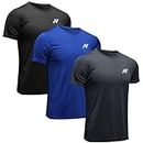 MEETWEE T-Shirt de Sport Homme, Baselayer Manches Courtes Maillot Running Tee Shirt Vetement de Fitness Football Jogging, Noir+gris+bleu, M