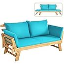 Tangkula Acacia Wood Patio Convertible Couch Sofa Bed with Adjustable Armrest, Outdoor Daybed with Cushion & Pillow, Folding Chaise Lounge Bench Ideal for Porch Courtyard Poolside (Turquoise)