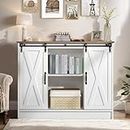4 EVER WINNER Coffee Bar Cabinet with Sliding Doors, 42” Barn Door Coffee Station with Adjustable Shelves, Farmhouse Buffet Cabinet with Storage for Dining Room, White