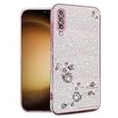 for Samsung Galaxy A50 Phone Case Clear Glitter, for Women Girls Shockproof Protector Samsung A50 Case Bling Charms Luxury Diamond Floral Sparkle Pink Purple Cute Phone Cover (Pink-Silver)