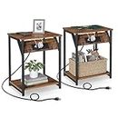 VASAGLE End Table with Charging Station, Set of 2, Small Side Tables for Living Room, Bedroom, Nightstand with Outlets and USB Ports, Bedside Table with Storage Shelf, Rustic Brown and Black