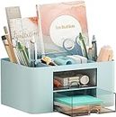 AUMA Desk Organizer with Drawer, Multi-Functional Pencil Holder for Desk, Desk Organisers and Accessories with 5 Compartments + 2 Drawer for Office Art Supplies(Blue)