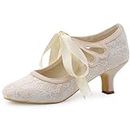 Elegantpark HC1521 Wedding Shoes for Bride Closed Toe Lace Bridal Shoes Cut-Out Women Mary Jane Mid Heel Pumps Champagne US 7