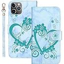 Bartern Apple iPhone 11 Pro Flip Case, iPhone 11 Pro Flip Cover, Love/Heart + Flowers Wallet Case avec Stand Function and Card Holder, PU Leather Marble Flip Case Vert