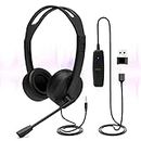 USB Headset with Microphone, 3.5mm/USB Jack 2-In-1 Computer Headset with Noise Cancelling & Audio Controls for Laptop Tablet, PC Headphone for Skype Call Center, Business Chat, Gaming, Teaching, etc