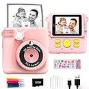 Instant Print Camera - GKTZ 1080P HD Instant Print Photo - Christmas Birthday Gifts for Age 3-8 Girls Boys - Kids Portable Toy with 3 Rolls Photo Paper, 5 Color Pens, 32GB Card - Pink
