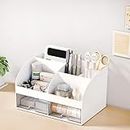 Amazon Brand – Umi Multifunctional Desk Organiser with 6 Compartments & 2 Drawer Desktop Office Supplies Stationery Storage Box for Pens Staplers Clips Sticky Notes Mobile Holder - White