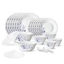 Larah by Borosil Blue Eve Silk Series Opalware Dinner Set | 35 Pieces for Family of 6 | Microwave & Dishwasher Safe | Bone-Ash Free | Crockery Set for Dining & Gifting | Plates & Bowls | White