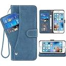 Compatible with iPhone 6 6s Wallet Case and Wrist Strap Lanyard Leather Flip Card Holder Stand Cell Phone Cover for iPhone6 Six i6 S iPhone6s iPhine6s iPhones6s i Phone6s Phone6 6a S6 Women Men Blue
