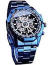 FORSINING Men's Watch Self-Wind Skeleton Hollow Out Mechanical Automatic Luxury Watches, Blue Black Stainless Steel Band Waterproof Wristwatch, Blue Black