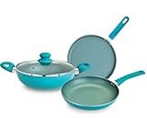 BERGNER Aluminium Jazz Non Stick Cookware Set 4Pc-Kadhai with Glass Lid 24Cm, Dosa Tawa 28Cm, Frypan 24Cm with Induction Compatible, Soft Touch Handles, Pfoa Free, 1 Year Warranty, Blue