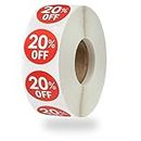 1000 Stickers, Discount Percent Off, 1 Inch Round, Promotion Labels (20 Off Red)