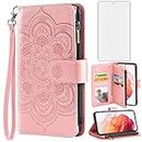 Asuwish Compatible with Samsung Galaxy S21 Glaxay S 21 5G 6.2 inch Wallet Case and Tempered Glass Screen Protector Flower Leather Flip Card Holder Cell Phone Cover for Gaxaly 21S G5 Women Rose Gold