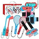 navor 10-in-1 Switch Sports Accessories Kit, Family Accessories Bundle includes 2 Tennis Rackets, 2 Controller Grips, 2 Golf Clubs, 2 Leg Straps, 2 Wrist Bands [Red Blue]