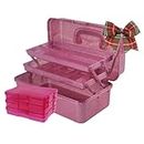 Craft Supply Organizers and Storage, 3-Layers Folding Glitter Plastic Craft Organizer, Portable & Multipurpose Craft Box Organizer for Medicine, Sewing Organizer, Nail, Art Supplies (Glitter-pink)