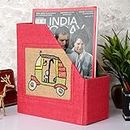 Indha Red Jute Autorickshaw Hand Embroidered Table Top Multiutility Wooden Magazine Holder