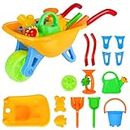 deAO Kids Wheelbarrow Gardening and Beach Toys, Toddler Gardening Set, Wheelbarrow Set, Outdoor Toys Activities with Accessories Including Bucket Spade Rake, Summer Toys
