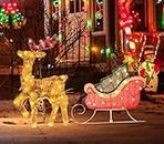 Lighted Christmas Reindeer Sleigh Outdoor Yard Decoration, 65 Lights Christmas Deer Outdoor Decoration, Waterproof Outdoor Christmas Deer Decorations for Yard Patio Lawn Garden Party
