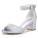 IDIFU Women's Silver Chunky Pump Heel Sandals Peep Toe Low Block Ankle Strap Wedding Formal Dress Heels Shoes