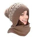 Winter Hats for Women Men, Integrated Ear Protection Windproof Cap Scarf Fluffy Thermal Hooded Scarf 2 in 1 Winter Warm Knitted Hat Scarf Bobble Hat with Scarf Attached for Ski (Polyester, Khaki)
