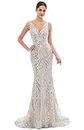 Ikerenwedding Women's V-Neck Sequins Sleeveless Lace-up Mermaid Evening Dress (US14, Silver)
