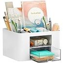 COMFYROOM Drawer Organizers with 4 Compartments and 2 Drawers, Plastic Pen Holder for Desktop Storage, Desk Organizer and Accessories, Desk Organization for School, Home, Office Supplies (White)
