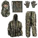 PELLOR 3D Ghillie Tarnanzug, Dschungel Ghillie Suit Woodland Camouflage Anzug Kleidung mit Camouflage Kappen Handschuhe für Jagd Verdeckt Halloween,6-teilig