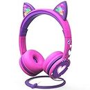 FosPower Kids Headphones with LED Cat Ears (Safe Volume Limit 85 dB), 3.5mm On-Ear Wired Headphones with Laced Tangle-Free Cables for Boys/Girls/School/Travel - Hot Pink/Purple