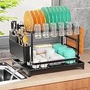 2 Tier Dish Drying Rack, ManKiaPro Dish Rack for Kitchen Counter Stainless Steel Kitchen Drying Rack with Large Capacity Dish Drainer and Cutlery 6 Cup Cutting Board Holder (Dish Drying Rack Black)