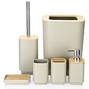 JOTOM Bamboo Bathroom Accessories Set of 6 Modern Design 6 Pieces Bathroom Accessory Set Soap Dispenser Toothbrush Holder Tooth Mug Soap Dish Toilet Brush Rubbish for Bathroom Home Decor (Beige)
