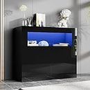 Cozy Castle High Gloss Buffet Cabinet with LED Lights, Modern Sideboard Storage Cabinet with 2 Doors and Adjustable Shelf, Bar Cabinet for Living Room, Kitchen, Black