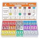 JOREST 120Pcs Car Fuse Kit - Replacement Fuses Assortment Kit for Car/RV/Truck/Motorcycle(2Amp 3A 5A 7.5A 10A 15A 20A 25A 30A 35A 40A) - Standard Blade Fuses Automotive + Auto Fuse Puller