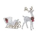 NOMA Pre Lit Bright LED Light Up Durable Metal Reindeer and Sleigh Indoor and Outdoor Christmas Lawn Patio Holiday Decoration Set, White with Red Bows