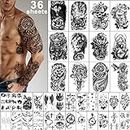 Yazhiji 36 Sheets Temporary Tattoos Stickers, 12 Sheets Fake Body Arm Chest Shoulder Tattoos for Men or Women with 24 Sheets Tiny Black