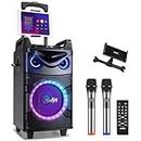 Moukey Karaoke Machine,10 Inch Subwoofer PA System,Bluetooth Speaker with 2 Wireless Microphones,Tablet Holder,Disco Lights,Remote,Wheels,Supports Bass/Treble Adjustment,TWS/REC/AUX/MP3/USB/FM/TF