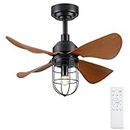 Kviflon Farmhouse Caged Ceiling Fans with Lights Remote Control, 30 Inch Rustic Small Reversible Ceiling Fan 6 Speeds with 2 Downrods for Kitchen Porch Patio Fandelier, E27 Bulb Included