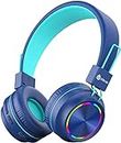 iClever BTH03 Kids Headphones, Colorful LED Lights Kids Wireless Headphones with MIC, 25H Playtime, Stereo Sound, Bluetooth 5.0, Foldable, Childrens Headphones on Ear for Study Tablet Airplane, Blue
