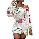 Fall Dresses for Women 2023 Sexy One Shoulder Long Sleeve Draw Back A Line Mini Dress Casual Floral Tshirt Dress, White, X-Large