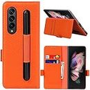Samsung Galaxy Z Fold 3 Wallet Case with S Pen Holder FROLAN Genuine Leather Luxurious Premium Cow Leather Kickstand Drop Protection Shockproof Cover Compatible Galaxy Z Fold 3 5G 2021 (Orange)