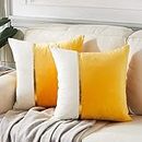 Fancy Homi 2 Packs Decorative Spring Throw Pillow Covers 18x18 Inch for Living Room Couch Bed, Yellow and White Velvet Patchwork with Gold Leather, Luxury Modern Accent Square Cusion Case 45x45 cm