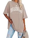 Ebifin Oversize T Shirt Damen Vintage Kurzärmeliges Rundhals Los Angeles Oberteile Tops Casual Lockere Basic Sommer Tee Shirts Bluse.Khaki.XXL
