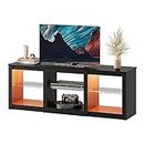 WLIVE TV Stand with LED Lights for TVs up to 65 inch, Entertainment Center with Glass Shelves, Modern TV Console for Living Room, Media Console with Storage, Black