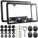 Black License Plate Frames for BMW-M, 2PCS Carbon Fiber Printing License Plate Holder Bracket, Premium Aluminum Alloy Weather Proof License Plate Covers with Screw Caps Cover Set Car Accessories