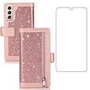 Asuwish Compatible with Samsung Galaxy S21 Glaxay S 21 5G 6.2 inch Wallet Case and Tempered Glass Screen Protector Glitter Flip Cover Zipper Card Holder Phone Cases for Gaxaly 21S G5 Women Rose Gold