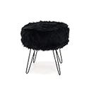 Modern Home Footrest, Round Fur Foot Stool, Faux Fur Ottoman (Black)